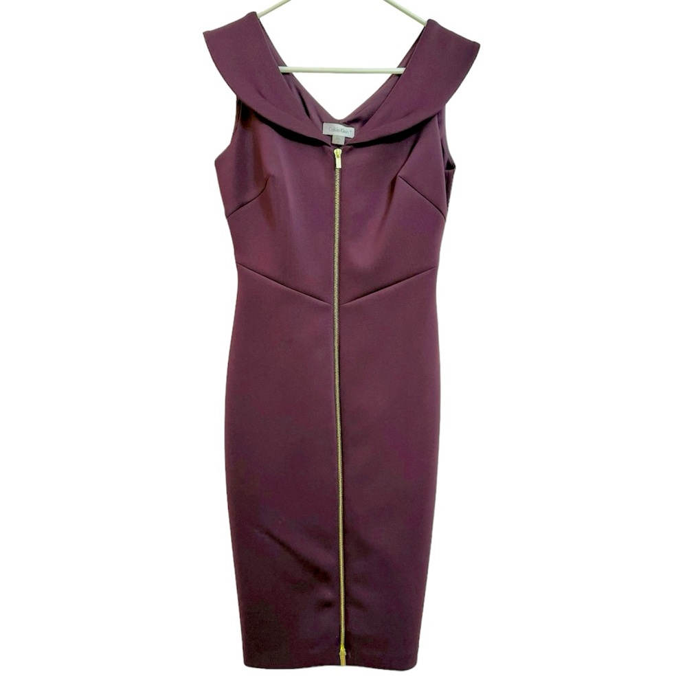 Calvin Klein Gorgeous Plum Portrait Collar Zip Front Scuba Sheath Dress Size 4.